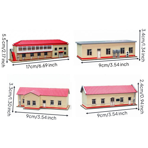 4 Pieces Pre-Printed Station Building Kit Miniature Railway Station Building with Wall Panels Detachable Model Realistic for Modelers
