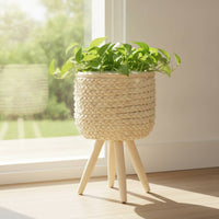 Handwoven Woven Planter with Legs Natural Three-Legged Planter Stand Boho Corn-Rope Plant Basket Handmade for Home Decorators, Living Room, Indoor Garden, Bright Corners