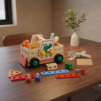 Early Learning DIY Assembly Tool Vehicle Portable with Handle Kids Screw and Nut Toy Set Multi-Configuration Build Take-Apart Toy Truck Solid Wood Construction for Preschoolers