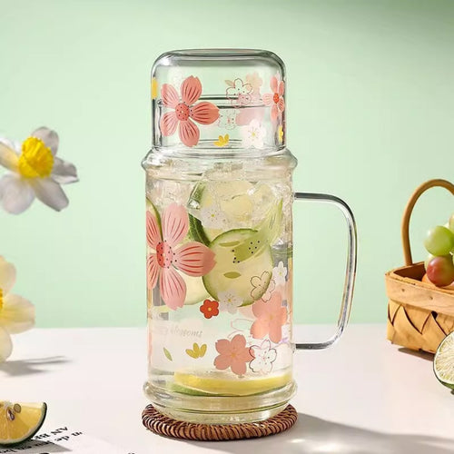 Bedside Water Carafe with Tumbler Heat Resistant Glass Pitcher with Tumbler Lid 2-in-1 Design Nightstand Water Pitcher Set for Office