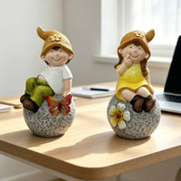 2 Pieces Boy and Girl Statue Ceramic Garden Figures Decorative for Bookshelf