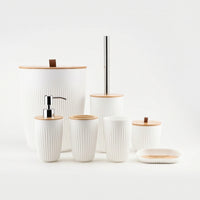 7 Pieces Bathroom Organizer Set Featuring Lidded Canister Dispenser Bottle Toothbrush Cup Countertop Organizer Durable Fluted Plastic and Bamboo-look Tops Suitable for Family Hotel Guest Room
