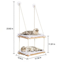 Cat Hammock Window Perch with 2 Levels, Solid Wood Hanging Bed for Large Indoor Cats, Suction Cup Mounted Smooth Textile Double Tier Rest Area