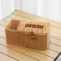 Rattan-Woven Tissue Box Cover, New Chinese Style Storage Box for Desk, Tabletop, Remote Control Organizer