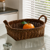 Oval storage basket, rattan look plastic basket with handles, medium fruit basket for kitchen & office, snack basket
