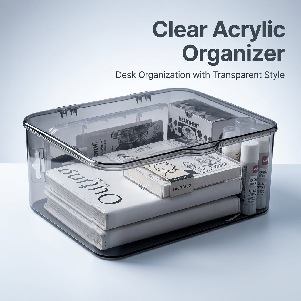 Desktop Organizer with Lid, Large Flip Top Storage Box for Students, Clear Acrylic Covered for Shelves and Office Supplies 130