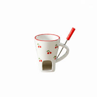 Includes Dipping Fork Personal Fondue Mug Heart Pattern Ceramic Chocolate Melter Butter Warmer Cup for Couples, Parties