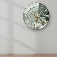 Round Marble Wall Clock Gold Roman Numerals Round Glass Wall Clock Silent Home Decor for Office