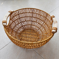 Rattan-Style Round Basket with Wooden Handle for Storage and Decoration