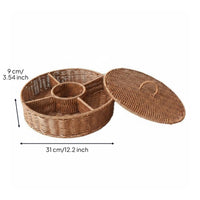 Woven Snack Basket with Lid Divided Compartments Woven Fruit Basket Handwoven Rattan Fruit Tray for Tabletop