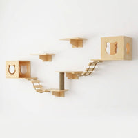 Cat Climbing Frame with House and Pad, Wood Wall Mounted Playground, Indoor Steps and Bridge, Simple Style Perch for Playing