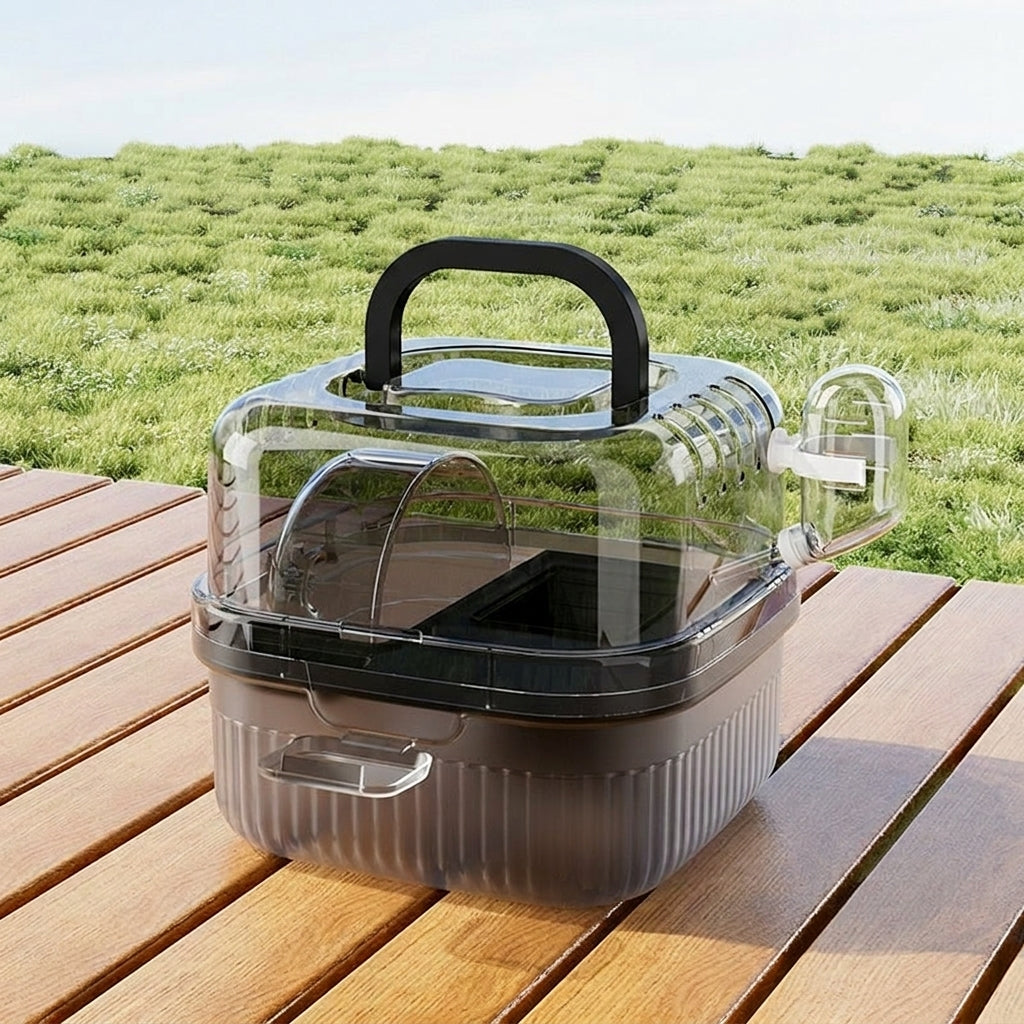 Transparent Hamster Cage and Hamster Carrier, 21cm Hamster Carrier with Wheel and Waterer, Portable Square Travel Habitat for Indoor Outdoor Use