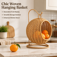 Wicker Hanging Fruit Basket, Rattan Basket for Kitchen Storage, Brown Cartoon Design Woven Decor