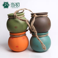 Mini Ceramic Succulent Planter with Hemp Rope Hanger, Creative Wall-Mounted Flower Pot for Indoor Decor