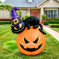 Outdoor Inflatable Black Cat and Pumpkin Bright Inflatable Cat with Pumpkin Oversized Jack-O'-Lantern Decoration Lighted for Yard