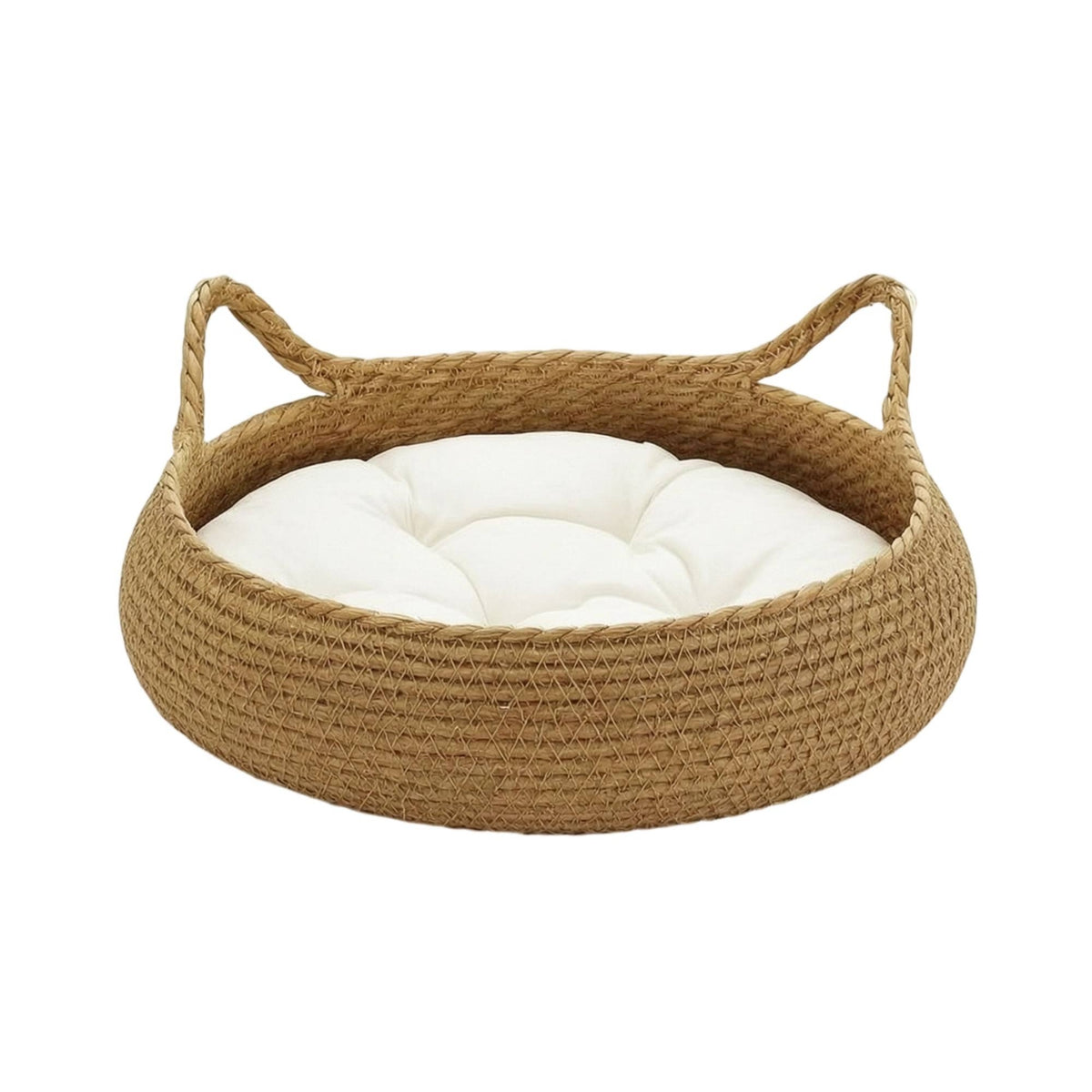 Woven Cat Bed with Cushion Strong Straw Cat Basket with Handles Indoor for Cats