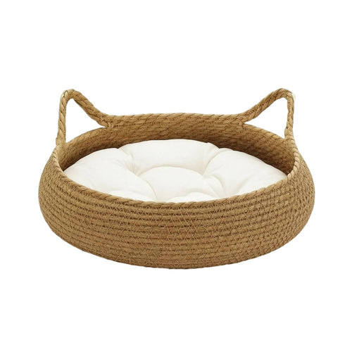 Woven Cat Bed with Cushion Strong Straw Cat Basket with Handles Indoor for Cats