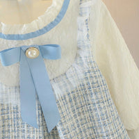 Baby Girl Mock Two-Piece Dress Fleece Lined Long Sleeve Toddler Party Outfit Ruffle Collar Tweed Princess Dresses with Blue Bow for Easter Spring Autumn
