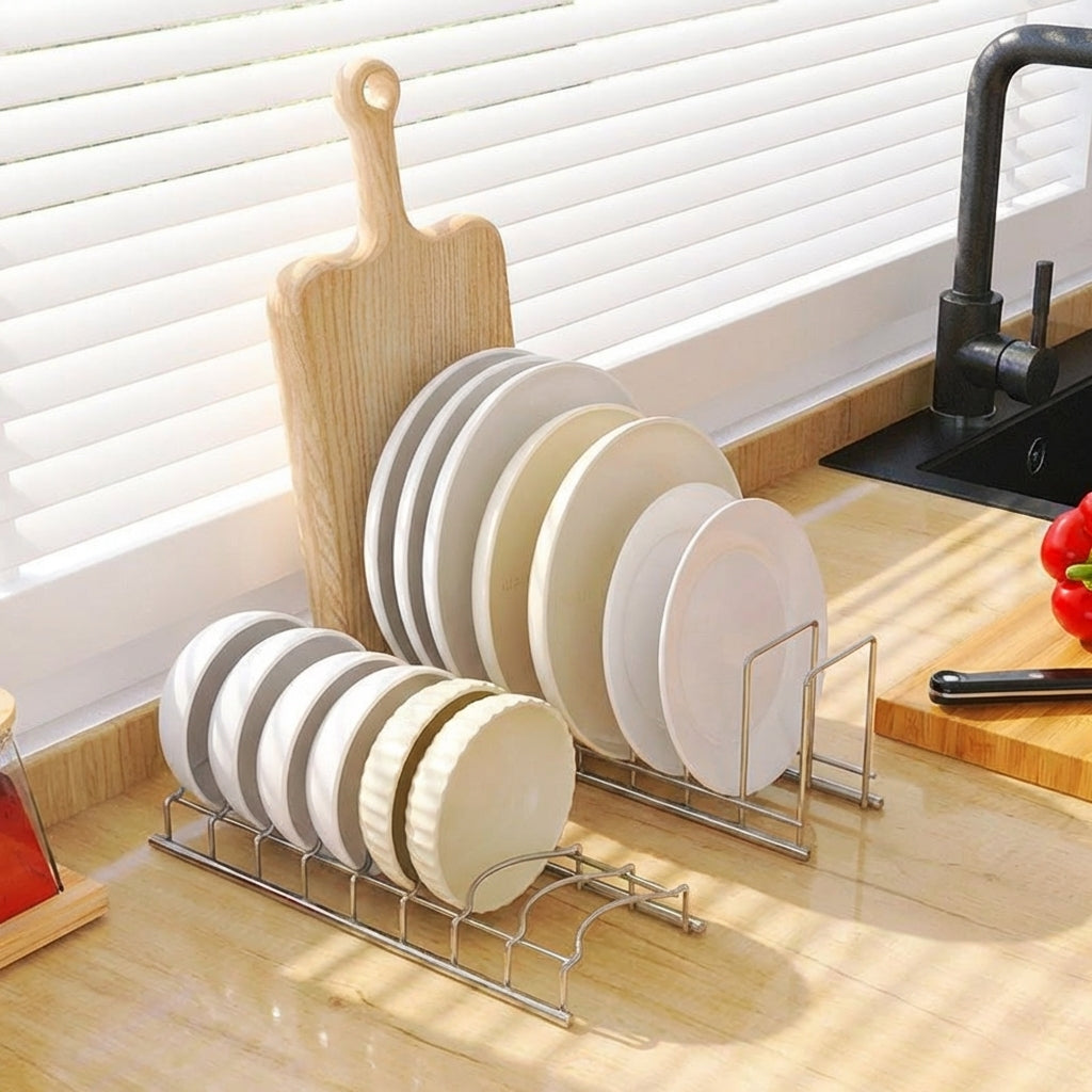 Dish Rack and Dish Drainer 2 Pack, Stainless Steel Plate Rack with Draining Board, No Drip Tray Space Saving Design for Kitchen Sink Counter