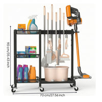 AllComplete Cleaning Tool Storage Rack Freestanding Broom Holder with Cleaning Supplies Organizer Wheeled Mop and Broom Holder Upright for Homeowners, Janitors, Utility Room, Garage, Closet
