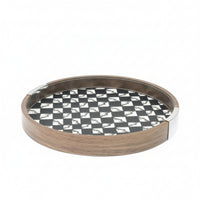 Round Wood Grain Tray Modern Tray with Metal Grips Polished for Living Room
