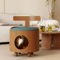 Wooden Cat Nest Stool Closed Warm Feline Retreat Stool Bed 2-in-1 for Living Room