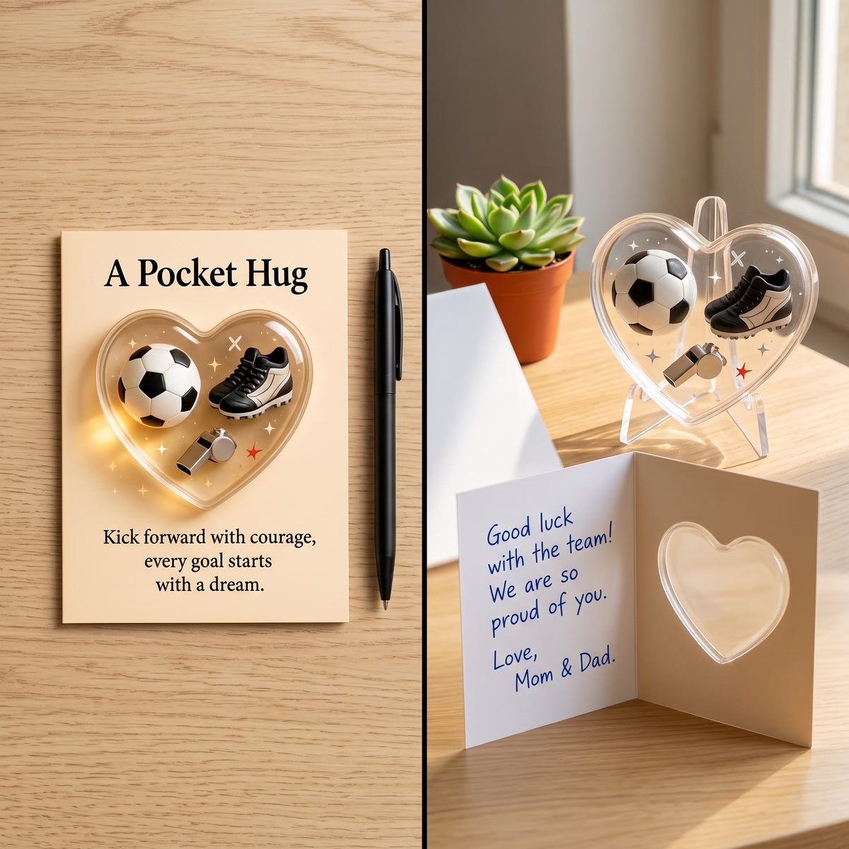 Football Pocket Hug Card with Heart-shaped Acrylic Ornament and Encouragement Card
