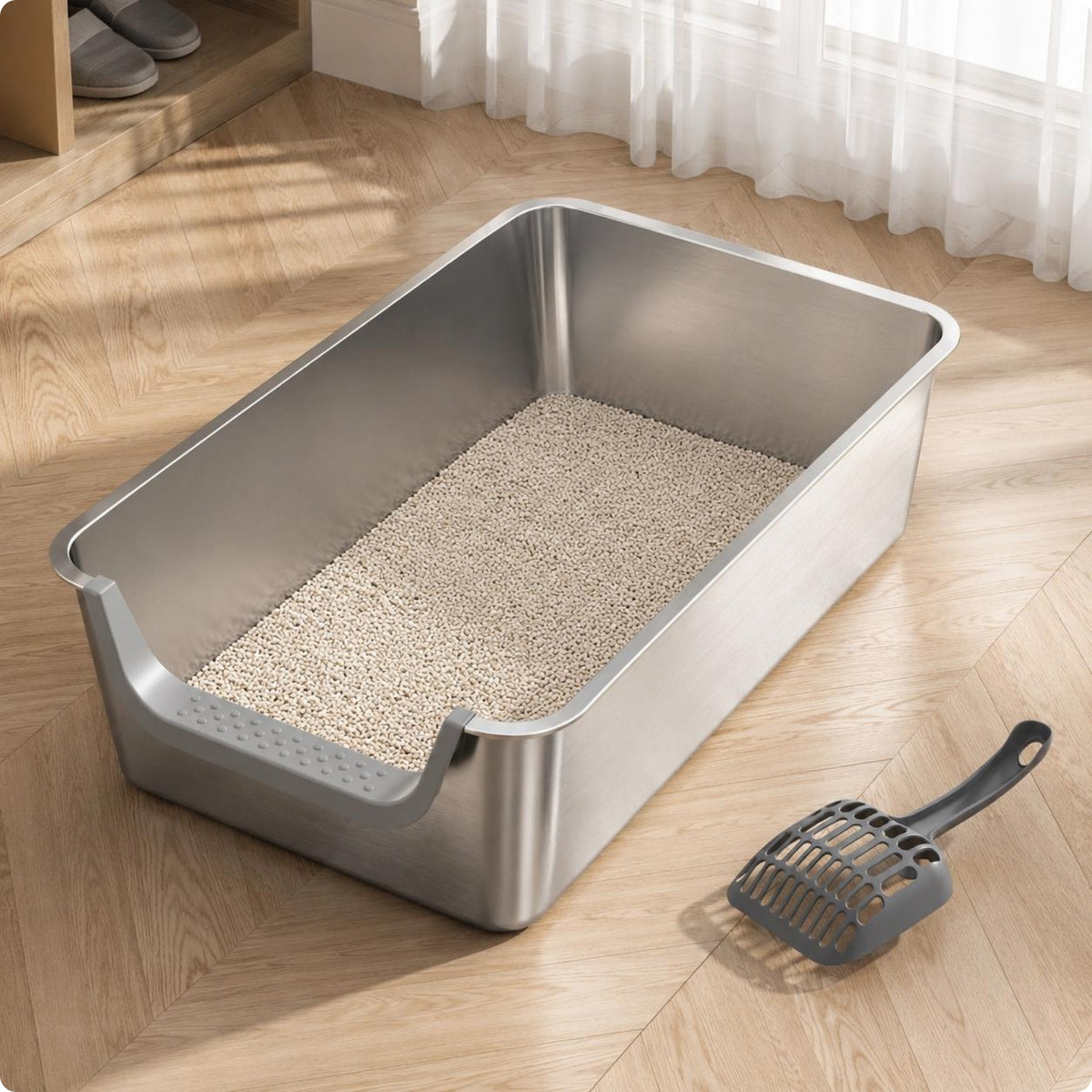 Stainless Steel Litter Box Rounded Edges Metal Feline Pan Long-Lasting