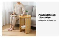 Dual-Level Round Nightstand Japanese Design 2-Tier Round Table Rattan Weave Design Rounded Edges for Bedroom, Small Spaces