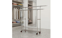 Adjustable Height Rolling Clothes Rack with Shelf Freestanding Double Rod Garment Rack Heavy Duty Furniture Sturdy for Laundry Room, Bedroom, Balcony