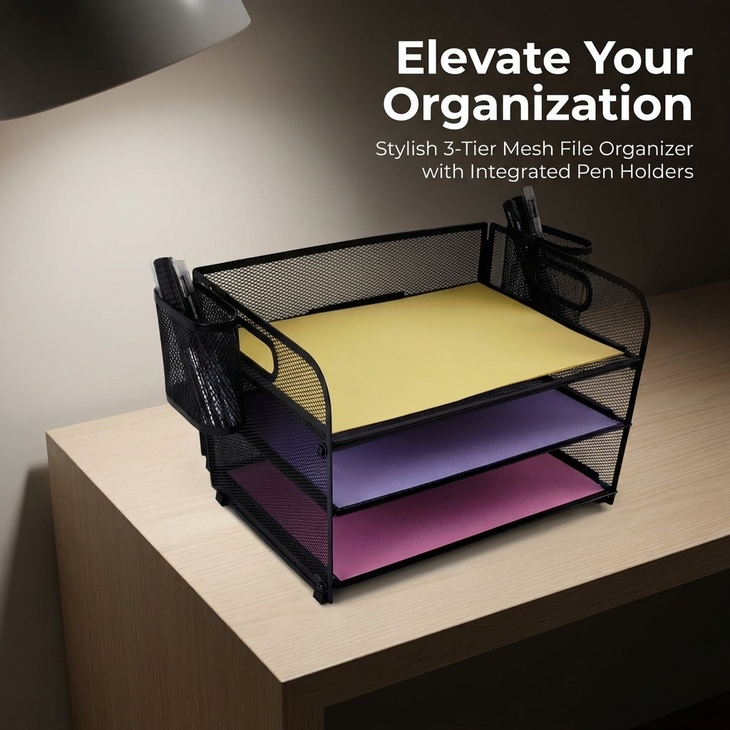 3 Tier Metal Mesh File Organizer with Pen Holder, Wire Desk Storage Rack for Office, Vertical Tray for Students Workspace