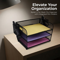 3 Tier Metal Mesh File Organizer with Pen Holder, Wire Desk Storage Rack for Office, Vertical Tray for Students Workspace