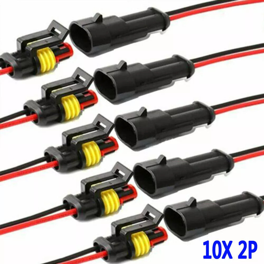 2-Pin Waterproof Automotive Connector with Wire (5 or 10 Sets per Pack)