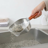 Metal Sifter with Slotted Holes, Deep Stainless Steel Cat Dog Waste Picker, Ergonomic Wooden Handle for Tray, Unique Cat Owner Gift