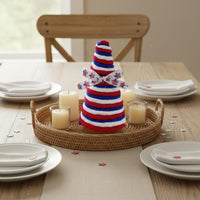 Independence Day Cone Tree Handmade Independence Day Tabletop Decor Rustic Wood Base Yarn Wrapped Cone Decoration for Tiered Tray, Mantel, Shelf