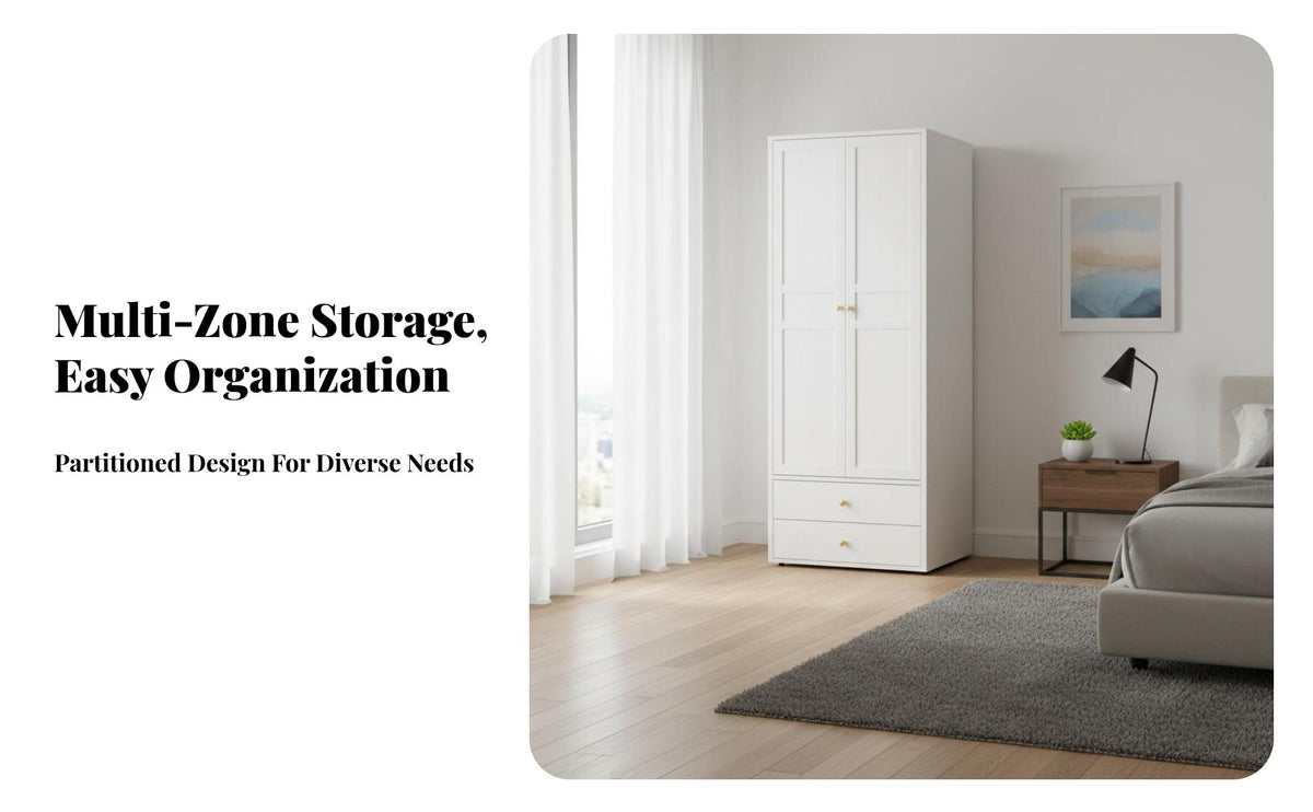 Formaldehydeformaldehyde-safe Fluted Glass Door Wardrobe 2 Bottom Drawers Bedroom Furniture Large Capacity emission-Formaldehyde-Safestanding Closet Built-in Drawer for Children, Design lovers, Homeowners, Kids' Room, Apartment, Entryway