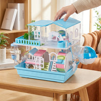 Acrylic Hamster Cage Double Layer Hamster Villa, Large Wooden Syrian Multi-Layer Habitat with Transparent Viewing and Top-Opening Solid Tray Base