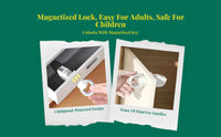 Attractive toddler childproof locks, discreet toddler protection cabinet fasteners, no-drill sticky backing for drawers, cupboards, kitchen, and home.