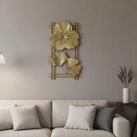 Golden Ginkgo Foliage Wall Decor Art Finish Chinese Style Floral Wall Sculpture Easy Installation Wrought Iron Ginkgo Panel for Living Room, Entryway