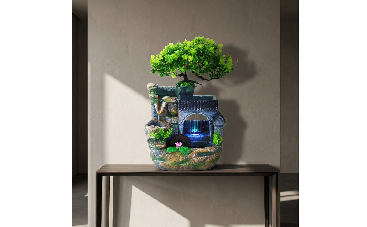 Decorative Indoor Fountain with Artificial Plant Lighted Rock Waterfall Fountain Electric Calming for Office Desk