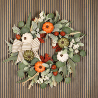 Farmhouse Outdoor Thanksgiving Wreath with Pumpkins, Acorns, and Bow