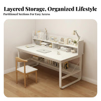 Home Office Workstation Multi-Functional Study Table with Storage Shelves Wide Desktop Writing Desk with Bookshelf for Bedroom, Small Space, Dorm Room