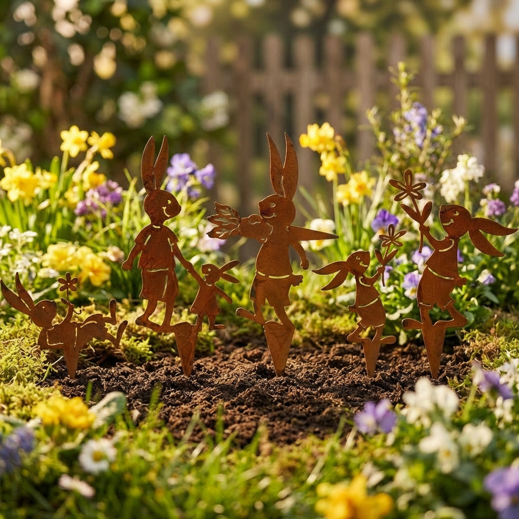 Bunny Stakes, Decorative Easter Garden Ornaments, Weatherproof Iron Art Rabbit Silhouettes for Outdoor Lawn, Flower Beds and Plant Pots