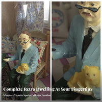 Pipe Detailed Dollhouse Man Figure Seated Elderly Man Figurine