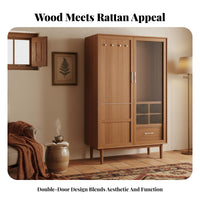 Wabi-Sabi aesthetic unrestrictedstanding Wardrobe with Woven Doors Nordic Design Two-Door Woven Armoire Vintage Look Bedroom Furniture Natural Aesthetic for Homestay Owners, Homeowners, Interior Designers, Guest Room, Entryway