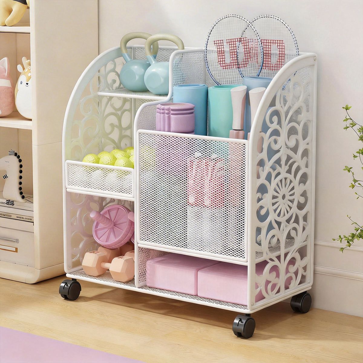 Fitness Equipment Storage Rack for Home Gym Yoga Mats Foam Rollers Dumbbells Rackets