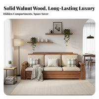 Black Walnut Wood Sofa Set Space Saving Chinese Design L-Shaped Couch Easy to Assemble Solid Wood Storage Sofa for Families, Lounge Area, Home