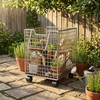 Rolling Wire Basket Trolley Push Handle Metal Utility Trolley Wood-Tone Grip