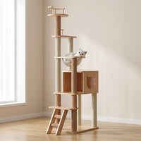 Cat Activity Center with Wooden House and Perch, 5-Level Multi Level Climbing Tree with Hammock and Space Capsule for Large Indoor Cats