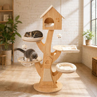 Treehouse Feline Climbing Structure Cushioned Perch Wooden Feline Furniture Gabled Roof Animal Furniture